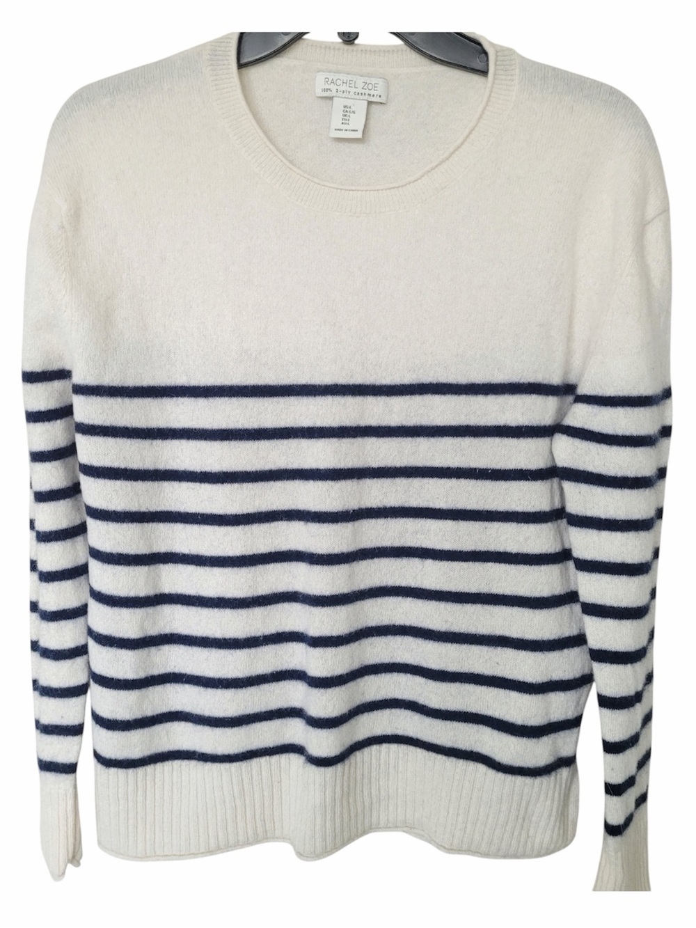 Rachel Zoe ivory 2 ply 100% cashmere Crewneck Sweater with Navy Stripes size L
